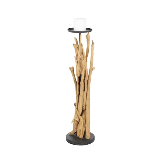 39" Brown Teak Wood Handmade Tall Tree Branch Floor Candle Holder with Black Metal Accents